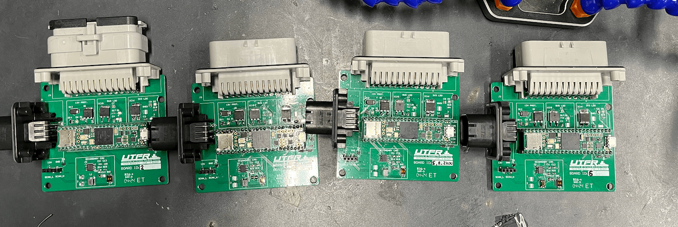 PCBs after soldering, debugging, and validation, along with their AMPSEAL connectors.